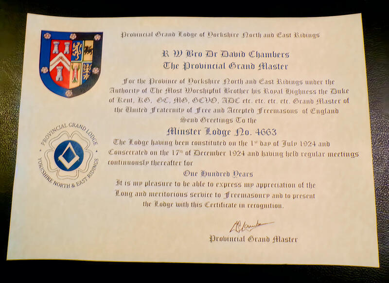 minster cenenary certificate
